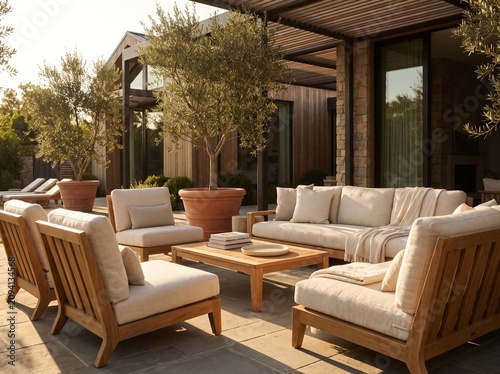 Modern Teak Lounge Furniture on Luxury Rooftop Terrace with City Skyline