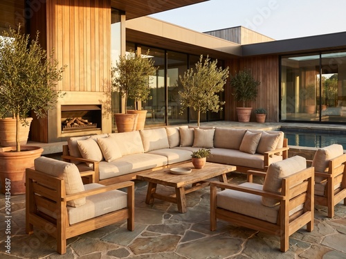 Modern Teak Lounge Furniture on Luxury Rooftop Terrace with City Skyline