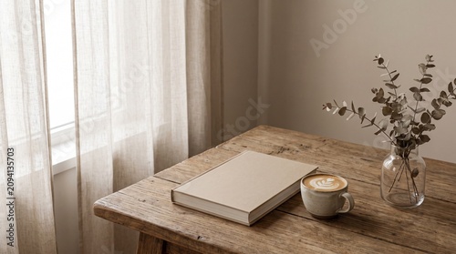 Minimal Aesthetic Lifestyle with Open Book, Coffee Cup and Soft Natural Morning Light