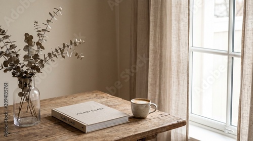 Minimal Aesthetic Lifestyle with Open Book, Coffee Cup and Soft Natural Morning Light
