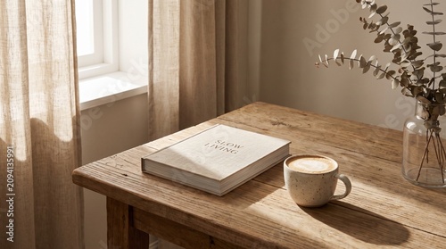 Minimal Aesthetic Lifestyle with Open Book, Coffee Cup and Soft Natural Morning Light