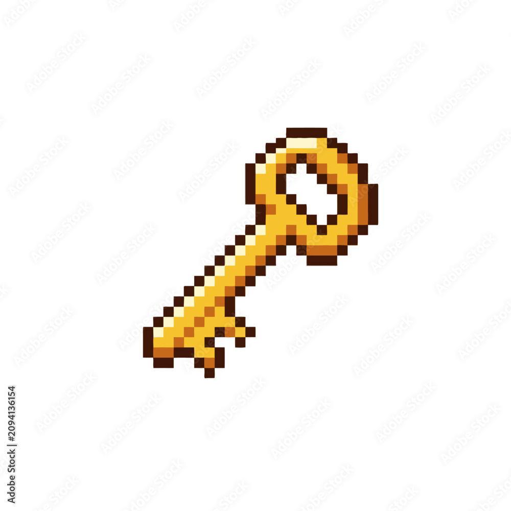 Fototapeta premium Golden pixel art key for unlocking treasure and secret doors