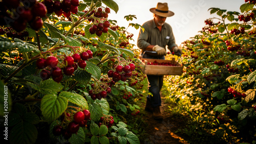 Farmer harvesting fresh red berries in a sunny field. Senior man picks ripe fruit into a wooden crate at a plantation. Organic farming concept, ideal for healthy food and seasonal marketing.