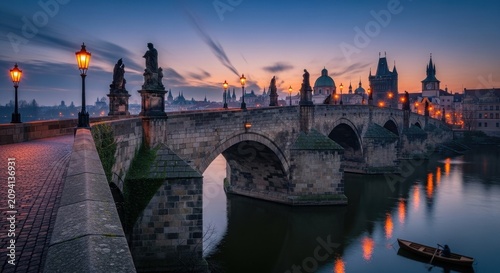 Charles Bridge at Dusk with Historic Architecture and River Reflections.