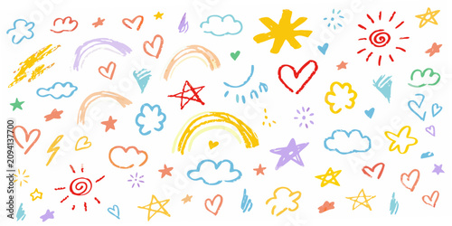 Canvastavla Child s Drawing Pattern With Rainbows Stars Hearts And Clouds