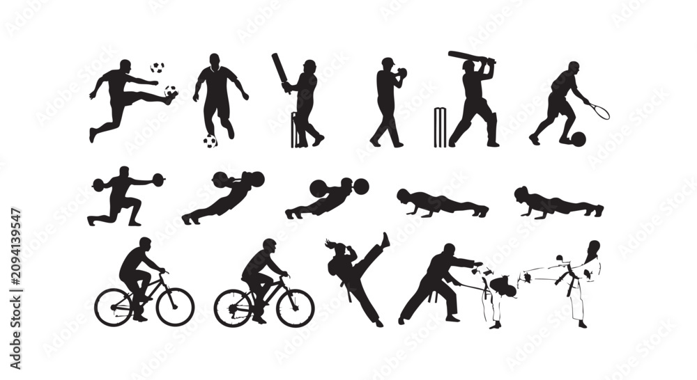 Obraz premium Set of black silhouettes of active people engaged in different sports activities isolated on white background flat design.