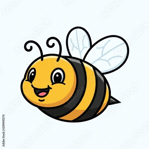 Cartoon Bee with Big Smile and Curved Antennae Flying.