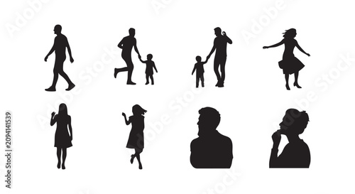 Silhouette set of various people in different poses including children and adults for diverse human activity illustration.