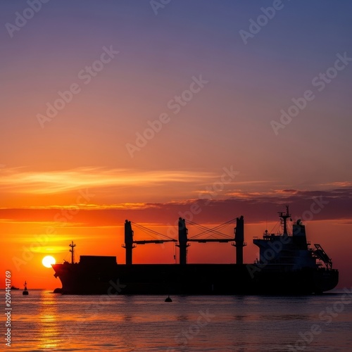 Cargo Ship Silhouette at Sunset on Calm Waters.