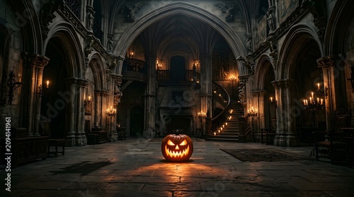 Spooky jackolantern glowing in the center of a grand, dark, gothic castle hall with stone arches and candlelight