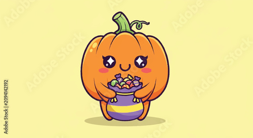 A cartoon pumpkin character happily holds a bowl of candy on a sunny day.