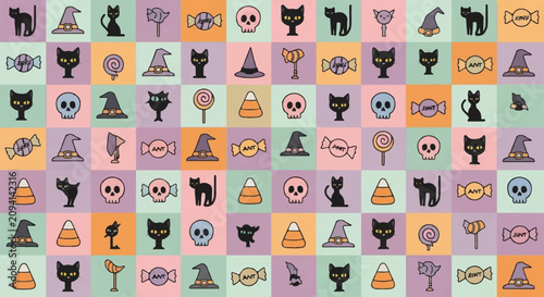 A vibrant Halloween-themed pattern of cats, hats, candy, eyes, and bows on colorful tiles.