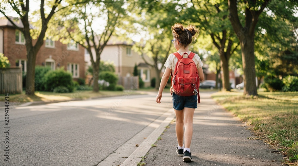 Fototapeta premium Young schoolgirl with red backpack walking down suburban street on sunny autumn day, schoolgirl