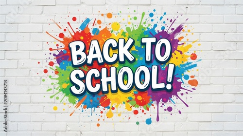 Colorful back to school text with artistic paint splatter effect on white brick wall, education