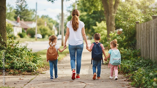 Mother walking three young children to school holding hands on suburban street with children