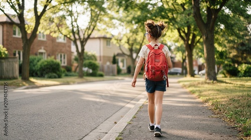 Young schoolgirl with red backpack walking down suburban street on sunny autumn day, schoolgirl