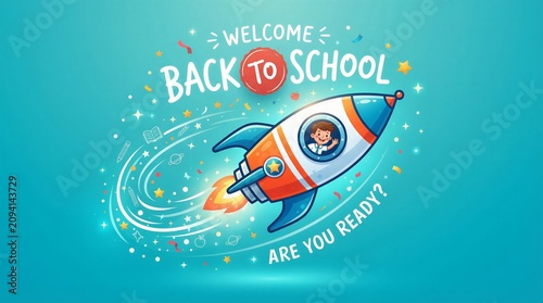 Back to school banner with rocket ship flying through space and text welcome education academic