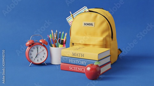 School backpack with stack of textbooks and supplies for students on blue background, backpack