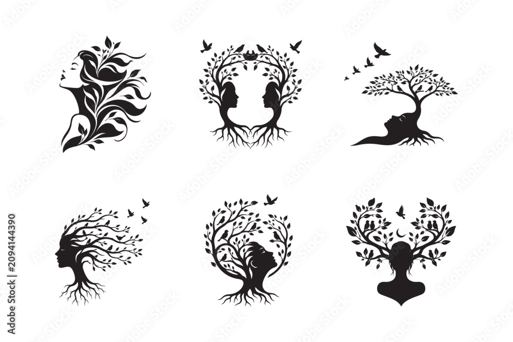 Fototapeta premium Nature Unity Tree Symbol Collection Silhouette Vector Set