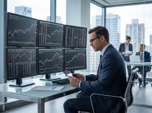 Professional male financial analyst monitoring global stock market trends on multiple screens in modern corporate office