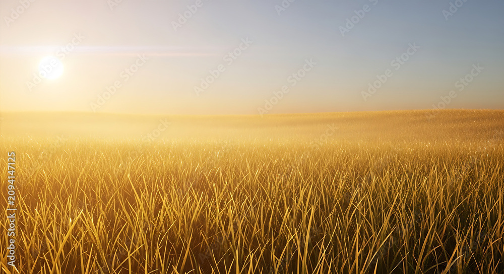 Fototapeta premium Golden wheat field under warm sunset light with sun rays shining through horizon