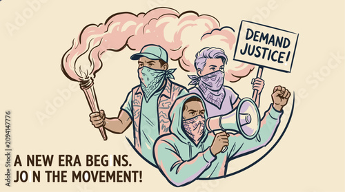 Demand justice and join the movement today. Protest poster graphic for social activism apparel. People in face masks holding torch and megaphone. Retro comic book style vector illustration art.
