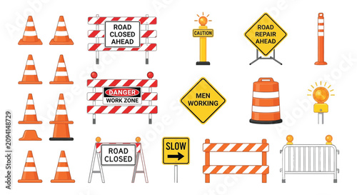 Tableau sur toile Roadside Safety Equipment Collection A Colorful Vector Illustration On A White B