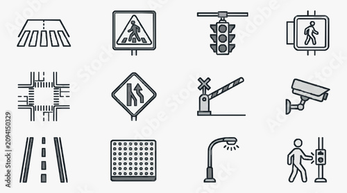 Tableau sur toile Elegant Monochromatic Icons Set of Urban Safety and Pedestrian Crossing Symbols