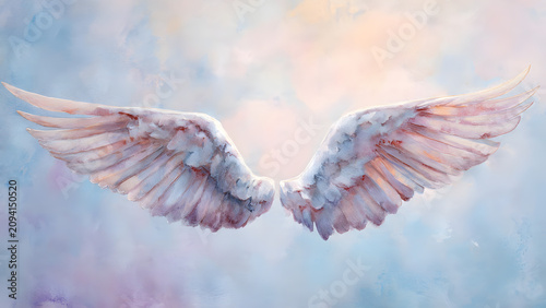 Divine Wings in Ethereal Sky: A pair of majestic, soft-feathered angel wings spread wide against a pastel-hued sky filled with wisps of clouds and gentle light, symbolizing hope, peace.
