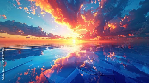 A vibrant sunset casts a fiery glow over mirrored water and stylized glassy forms