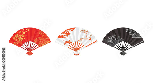 Three folding fans with floral and wave designs a vector illustration on a white background fan