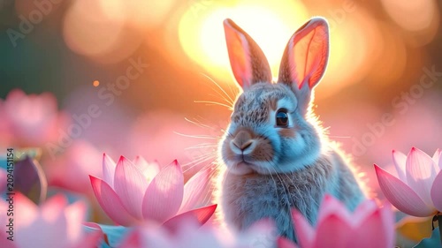 A fluffy bunny nestled among pink lotus blossoms bathed in a warm sunset glow