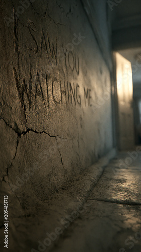 Mysterious Scratched Message on Cracked Concrete Wall in Dark Hallway