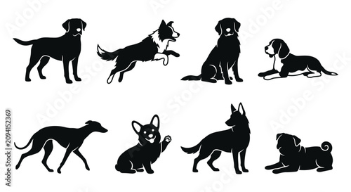 Foto Collection of canine silhouettes depicting various dog breeds against a white ba