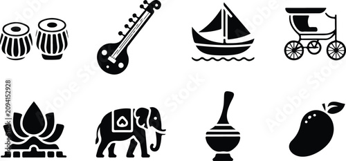 Konstfotografi Collection of black silhouette icons depicting traditional indian culture symbol
