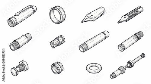 Canvastavla Assorted Metal Hardware and Writing Tools Illustration.