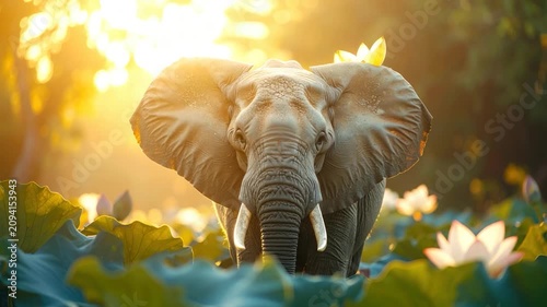 Majestic elephant stands in water lilies under golden sunlight