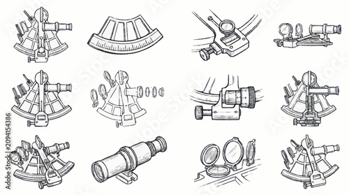Collection of vintage nautical navigation instruments and tools.