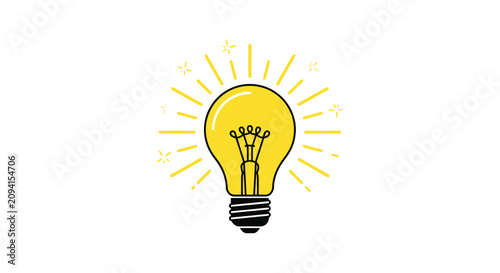Bild auf Leinwand Yellow light bulb illustration with radiating lines and sparkles on a white back