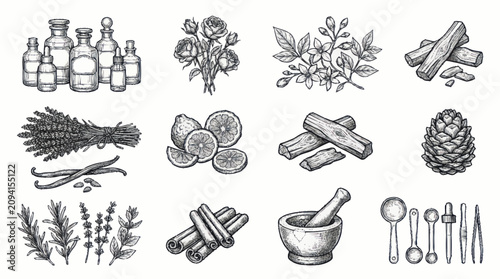 Bild auf Leinwand Vintage Botanical Illustration of Herbs and Spices.