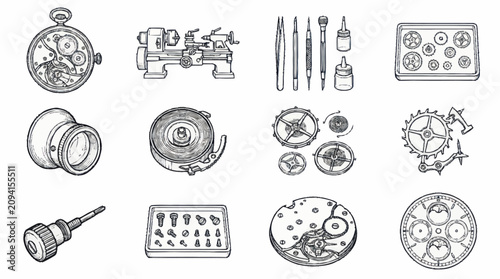 Bild auf Leinwand Vintage Watchmaking Tools and Clock Parts Illustration.