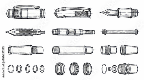 Quadro su tela Vintage Writing Instruments and Pen Parts Illustration.