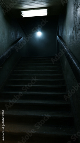 Dark Apartment Stairwell with Fluorescent Light at Night