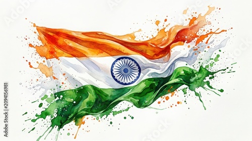 Vibrant watercolor indian flag with dynamic paint splatters