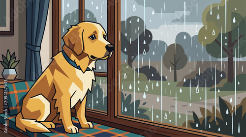Fotografie Sad Golden Retriever Dog Looking Out Window on Rainy Day, Waiting for Owner, Lon