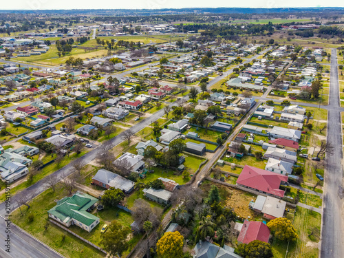 An aerial view of the Sapphire city on a sunny morning at Inverell, Australia