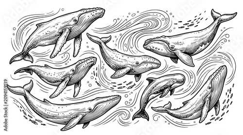 Bild auf Leinwand Whales Swimming Vector Illustration Ocean Wildlife Decorative Design