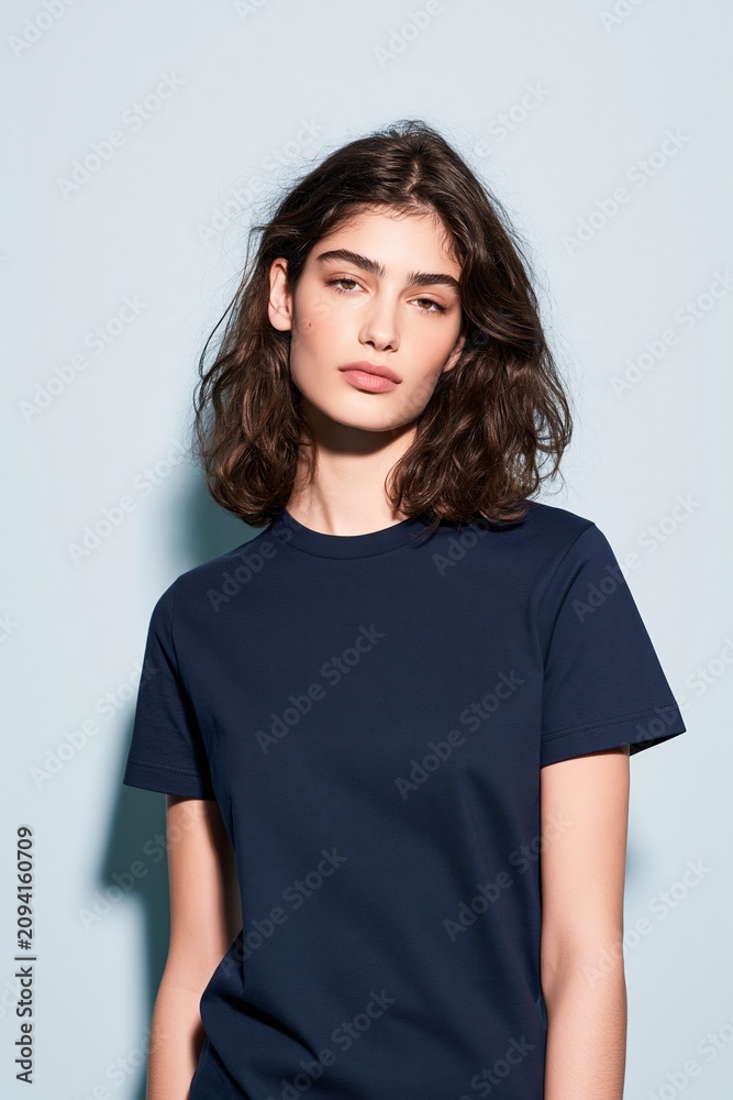 Fototapeta premium Young woman in a navy cotton t-shirt standing against a pale blue background for apparel mockup and lifestyle clothing brand display