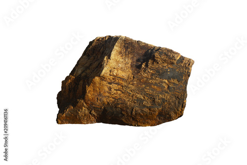 Isolated rugged Foliated Quartzite rock boulder with distinct stratified metamorphic layers and weathered golden brown texture on white background.