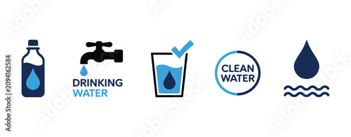 Drinking Water Icon Set. Tap, Bottle, Glass, and Clean Water Symbols for Health and Hydration